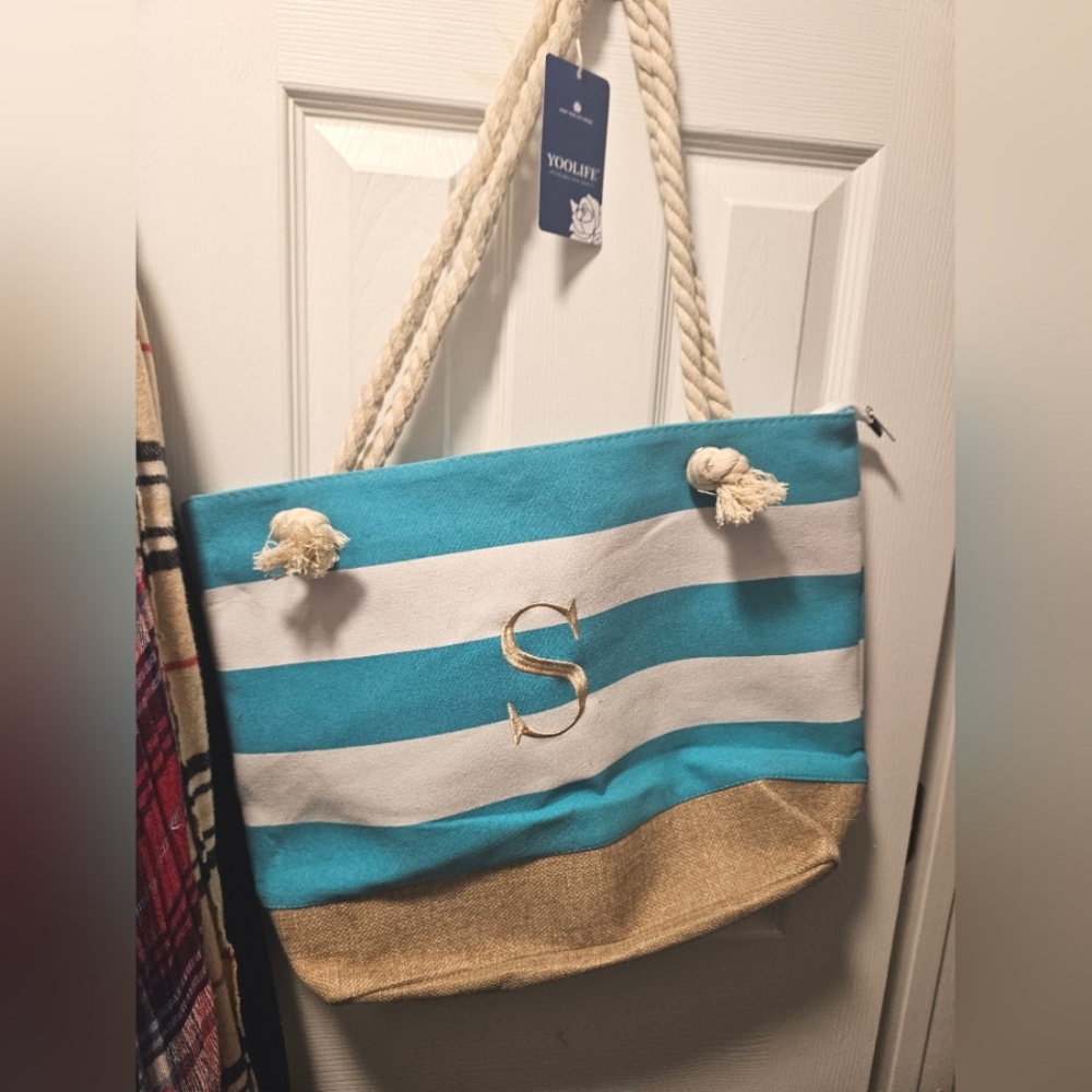 NWT Monogramed Teal and White Striped Tote Bag And Accessories Bag